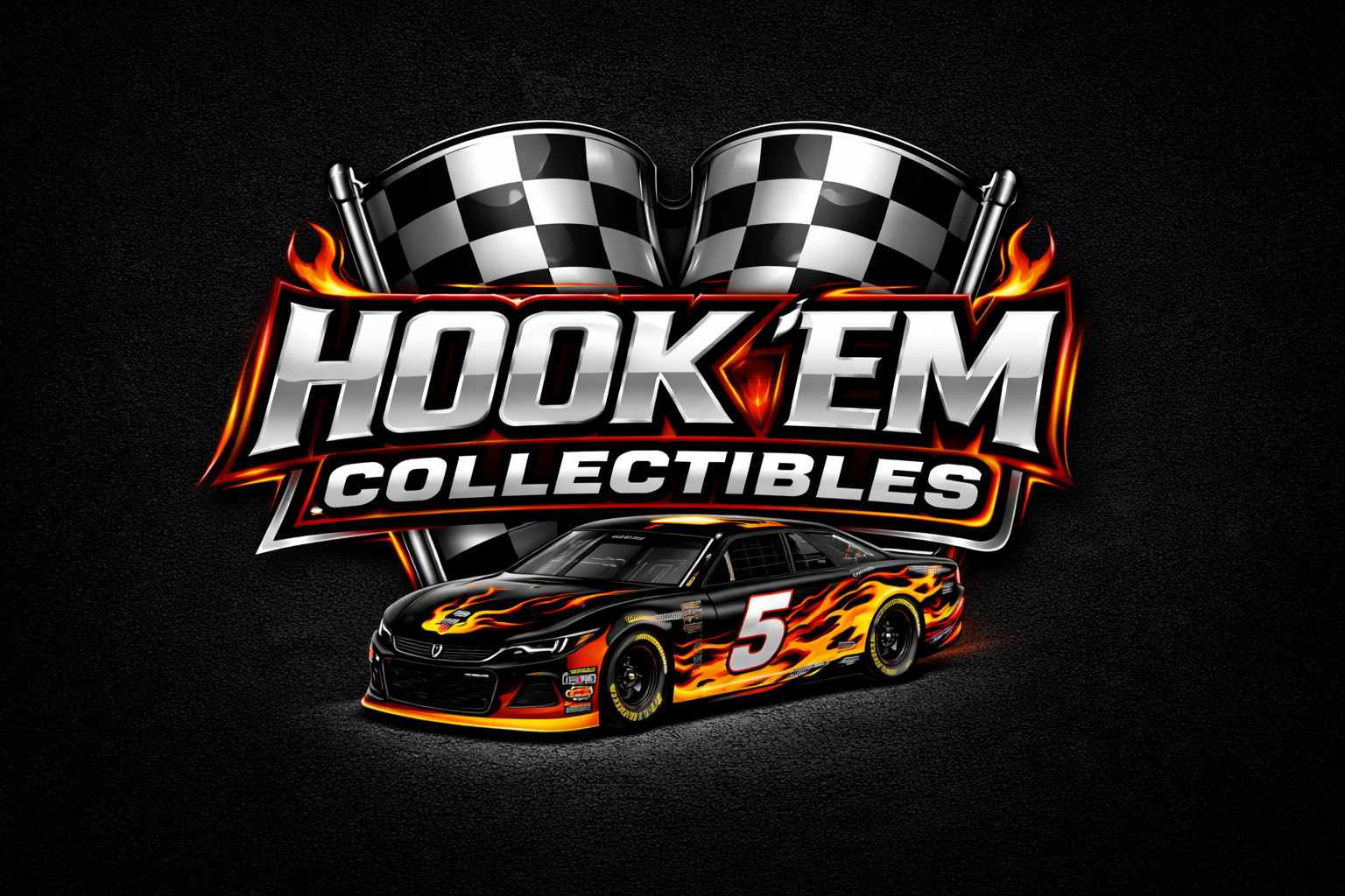 Hook'em Collectibles logo with checkered flags and number 5 race car